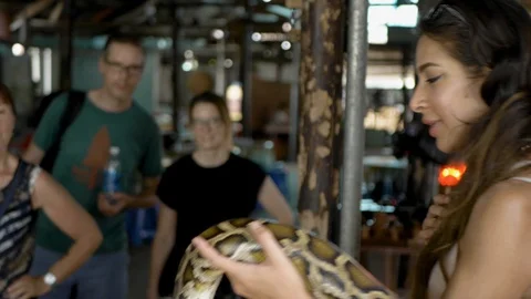 A young woman nervously smiles as a  Python is wrapped around her Stock Footage 115016936