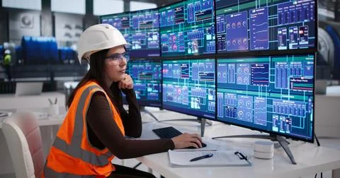 Young Woman Operator Uses Computer To Monitor Gas Flow System Efficiently. Stock Photos