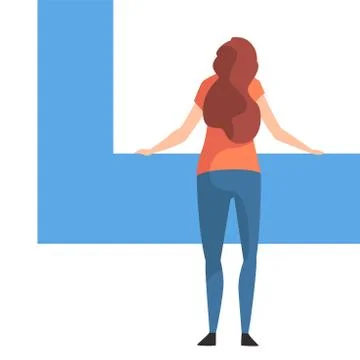 Young Woman Organizing Rectangular Geometric Shape, Back View Vector Stock Illustration