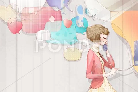 Young woman on the phone in telephone booth Stock Illustration