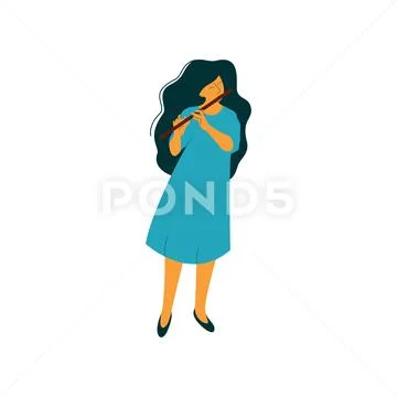Young Woman Playing Flute, Female Musician Flutist with Classical Musical Stock Illustration