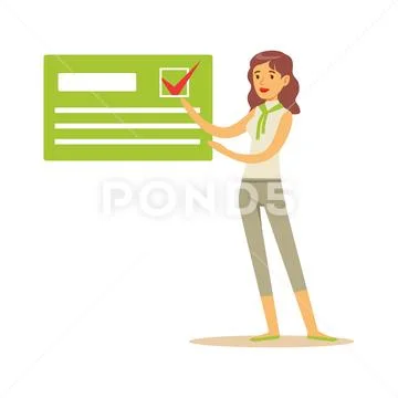 Young woman pointing to an agitation poster, political agitation campaign vector Stock Illustration