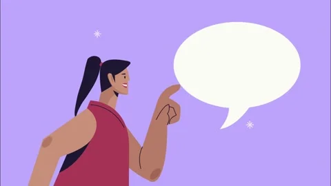 Young woman pointing to speech bubble with animated sparkles in motion on p.. 動画素材 338315957