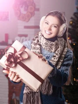 Young woman portrait hold gift Stock Photos