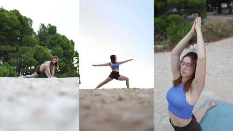 Young woman practicing deep stretching and yoga poses during an outdoor workout Stock Footage 341558493