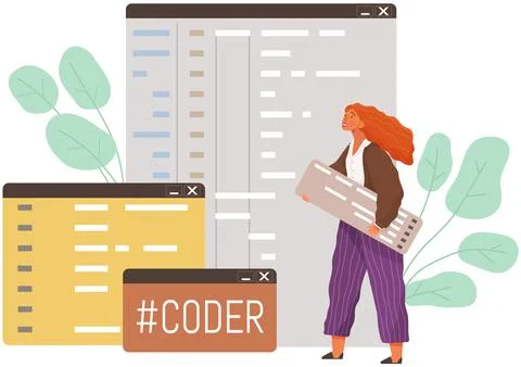 Young woman programmer coding and correct errors in project. Girl stands near Stock Illustration