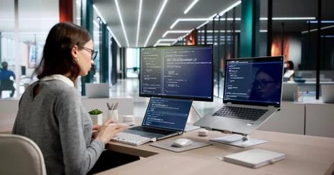 Young Woman Programmer Typing Code On Desktop, Developing New Software. Stock-Fotos