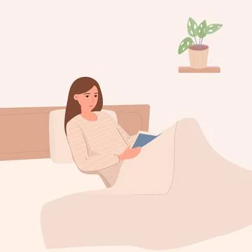 A young woman is reading a book while lying on the bed. An illustration of Stock Illustration