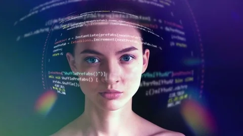 Young Woman is Reading Computer Code from Holographic Futuristic Screen Stock Footage 74635539