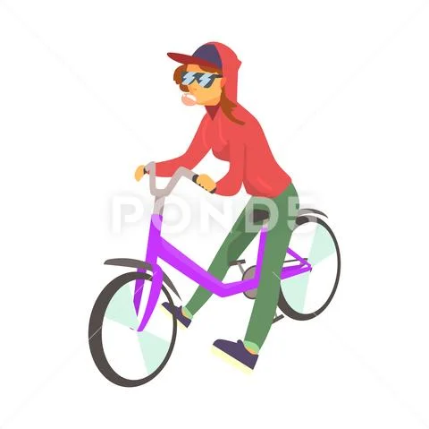Young woman in а red hoodie enjoying cycling, sport lifestyle, riding, relax Stock Illustration
