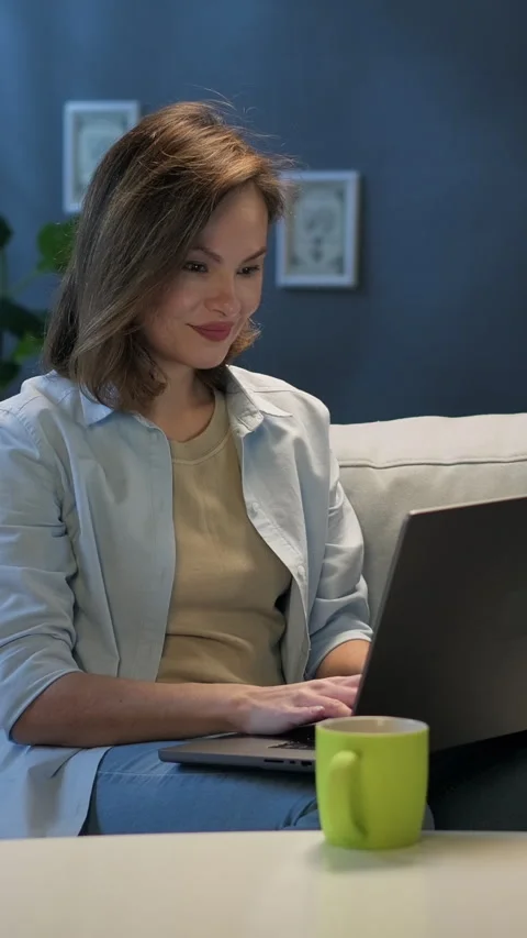 Young woman remote work, typing email, working shopping online Stock Footage 297892567