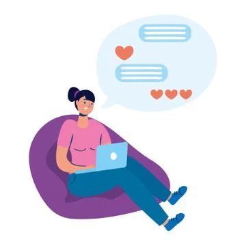 Young woman seated in sofa using laptop chatting 스톡 일러스트