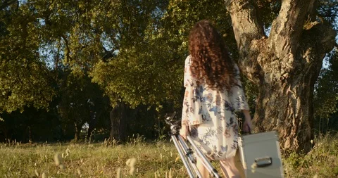 Young woman setting up large format camera in nature Stock Footage 117581432