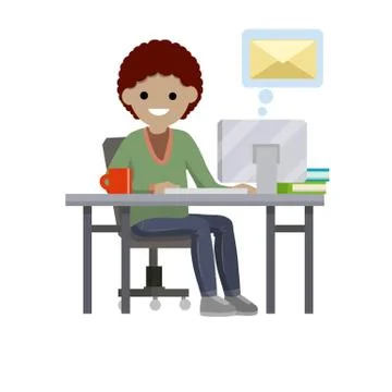 Young woman sit at table with computer and receives letter. イラスト素材
