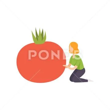 Young woman sitting next to a huge tomato, healthy eating, diet, organic vegan Stock Illustration