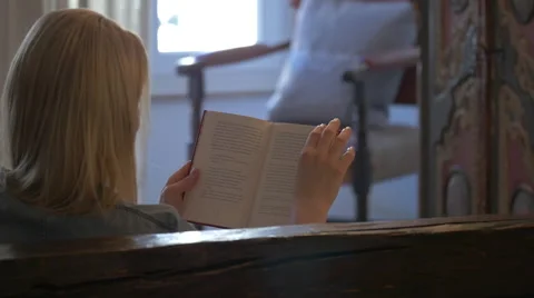 A young woman sitting in a rustic styled room reads a book Stock-Footage 56204775