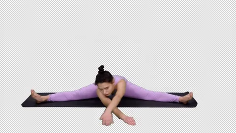 Young woman sitting in split position and tilting her body to sides, alpha in Stock Footage 147388598