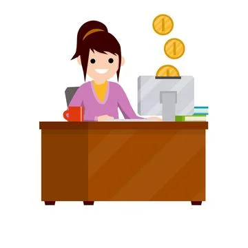 Young woman sitting at table with computer Stock Illustration