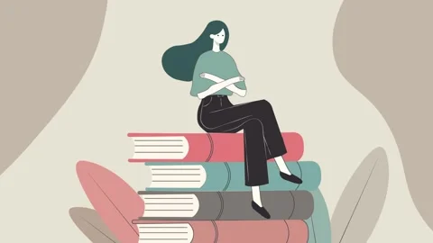 Young woman sitting on top of a stack of books. Minimalistic Design Animati.. Stock Footage 304775064