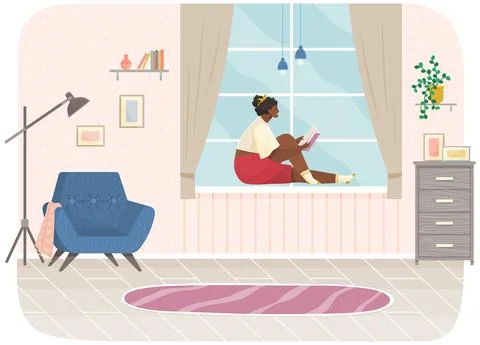 Young woman sitting on windowsill at home looking out window, relaxing reading Ilustración de archivo