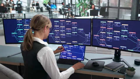 Young Woman Software Developer Uses A Low-code Platform Stockbeeldmateriaal 342968754