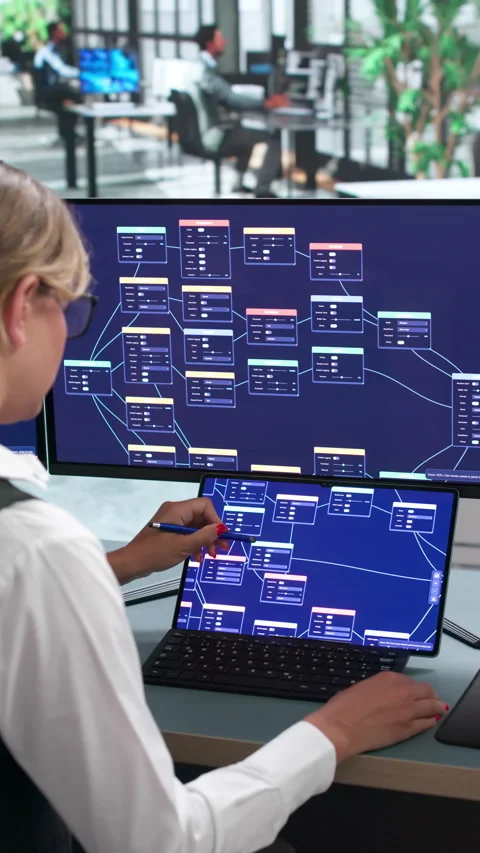 Young Woman Software Developer Uses A Low-code Platform Stockbeeldmateriaal 343880875
