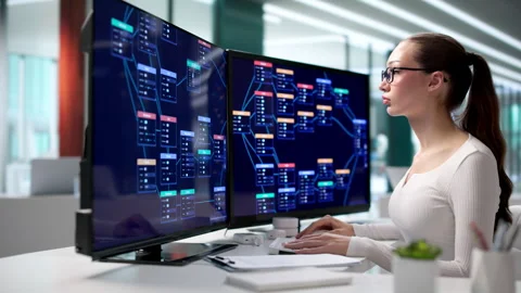 Young Woman Software Developer Uses Low Code Platform Видео 345859625
