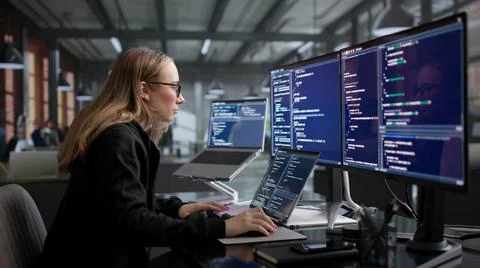 Young Woman Software Engineer Working On Secure Coding At Office Desk. 库存照片
