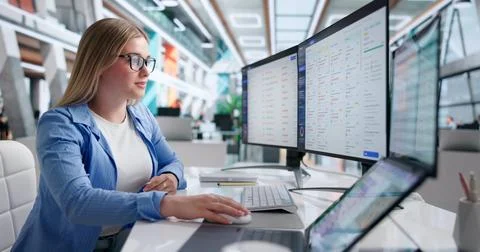 Young Woman Solving Technical Issues On Laptop Using Dual Computer Screens. Stock Photos