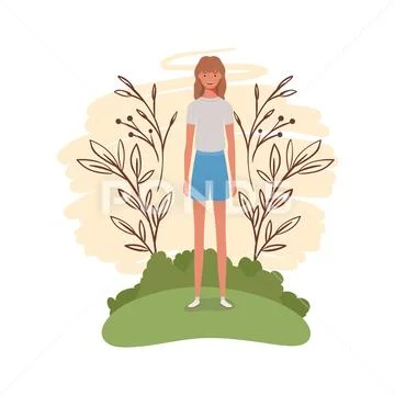 Young woman standing with landscape background Stock Illustration