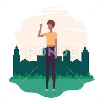 Young woman standing with landscape background Stock Illustration