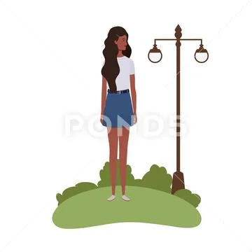Young woman standing with landscape background Stock Illustration