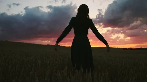 Young woman stands in the field of wheat at colorful sunset and raises her hands Stock Footage