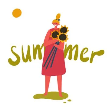 A young woman with sunflowers. Summer time. Vector Illustration. Stock Illustration