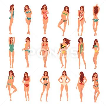 Full Body Young Woman Posing Wearing Bikini Stock Photo by