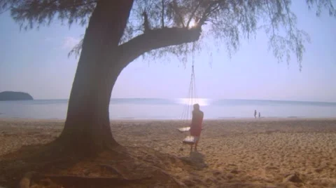 Young woman swinging on a rope swing on a tree on beach at sunset time Stock Footage 59370044