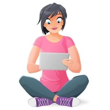 Young woman with tablet computer. Vector illustration. Stock Illustration
