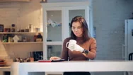 Young Woman Takes A Tablet From A Table, Wearing Robotic Hand, Close Up. Stock Footage