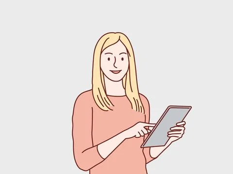 Young woman taking notes on tablet pc standing simple korean style Stock Illustration