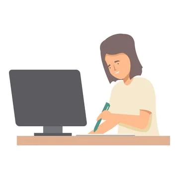Young woman taking notes while working at her desk on a computer Illustrazione stock
