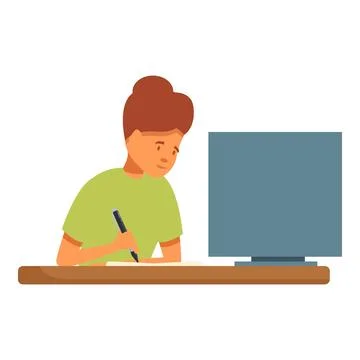 Young woman taking notes while working on computer at desk Illustrazione stock