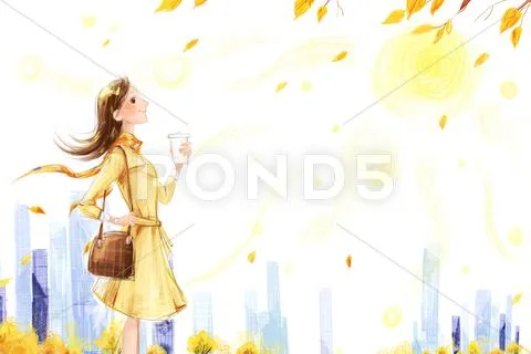 Young woman taking a walk in Autumn Stock Illustration