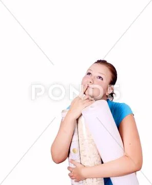 Young woman thinks of repair Stock Photos