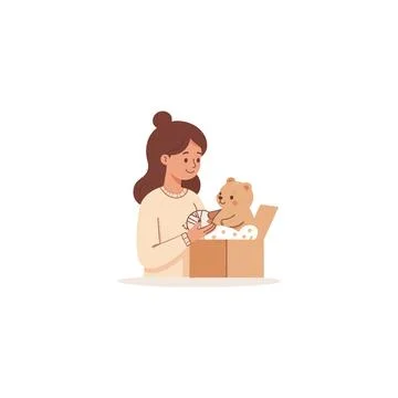 A young woman thoughtfully assembling a charming teddy bear toy from a card.. Stock Illustration
