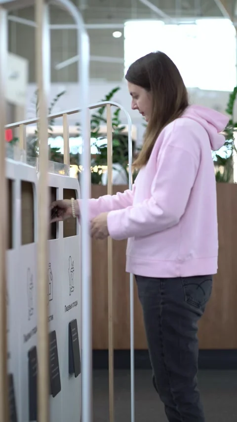 Young woman throws leftover lunch packaging into labeled food-waste  Stock Footage 344864279