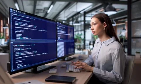 Young Woman Types Code On Computer Developing Software At Busy Office. Stock Photos