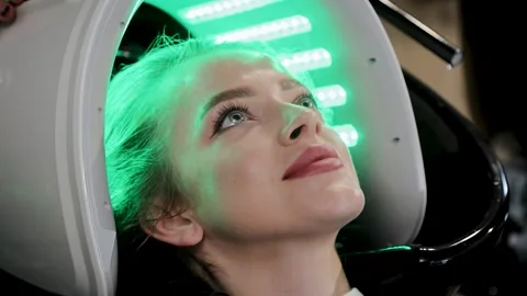 Young woman undergoing led light therapy for hair recovery and rejuvenation Stock Footage 313759116