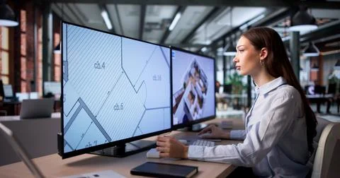 Young Woman Uses Computer Software To Design Virtual House Remodel Plans. 库存照片