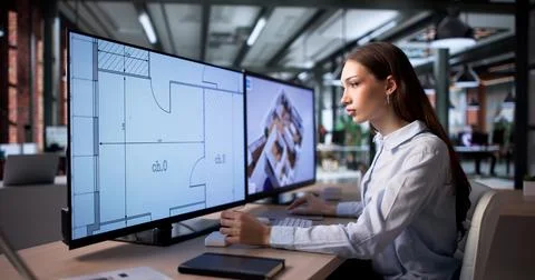 Young Woman Uses Computer Software To Design Virtual House Remodel Plans. Stock Photos