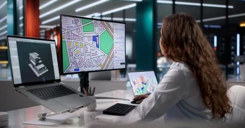 Young Woman Uses Computer Software To View Urban Property Maps. 库存照片
